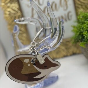 Coach Deer Key Chain Bag Charm Key Fob Ring Leather Suede Brown Silver